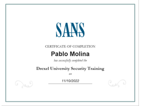 A certificate for completing DUST training, 2022.